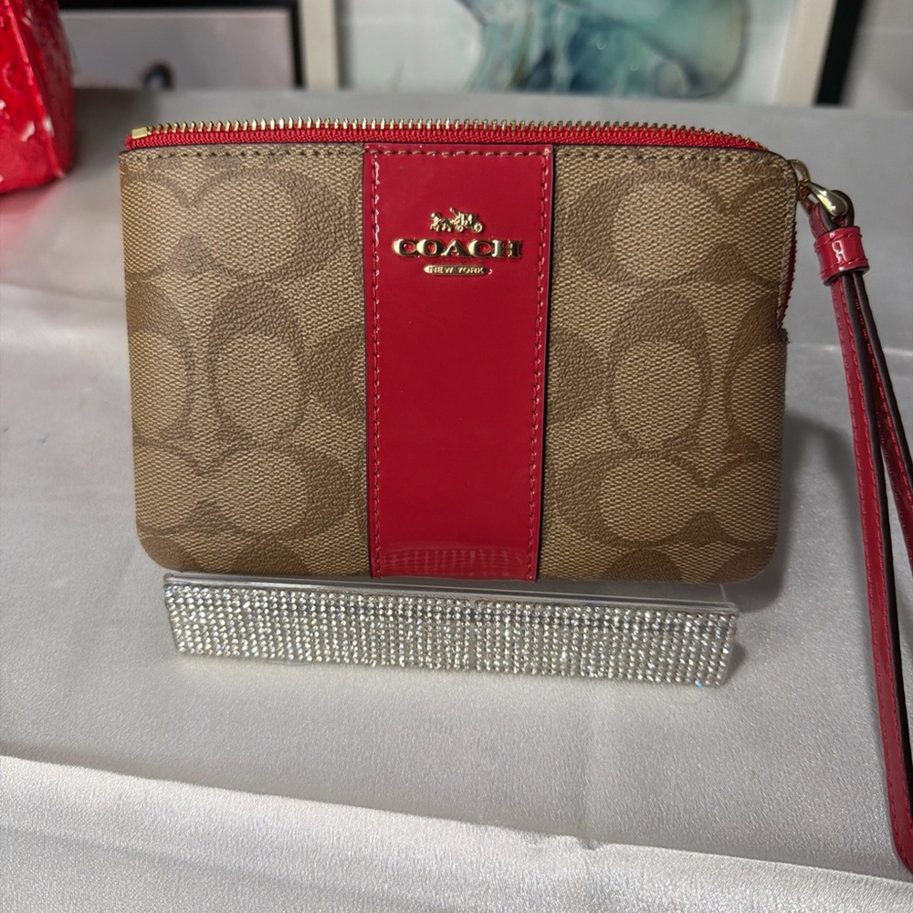 Coach red and brown wristlet preloved